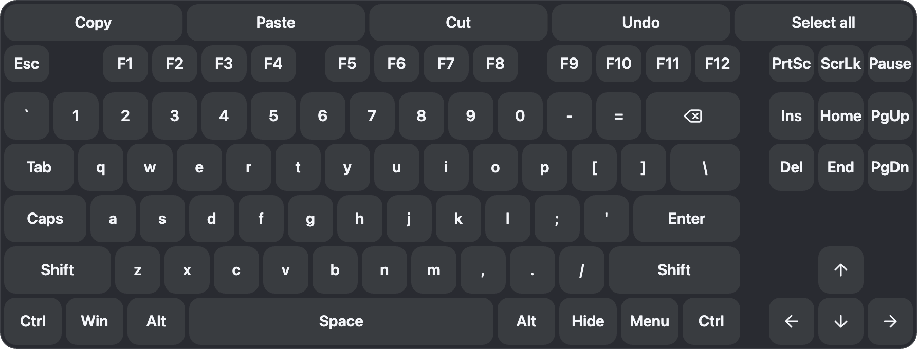 Veil's virtual keyboard with a row of shortcut buttons above the keys.
