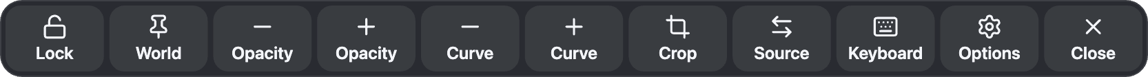 The overlay toolbar with lock, opacity, curve, crop, source, keyboard, options and close buttons.