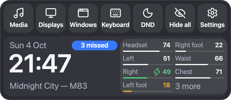 Veil's wrist panel: shortcuts for media, displays, windows, keyboard, do not disturb, hide all and settings, with the time, date and battery levels below.